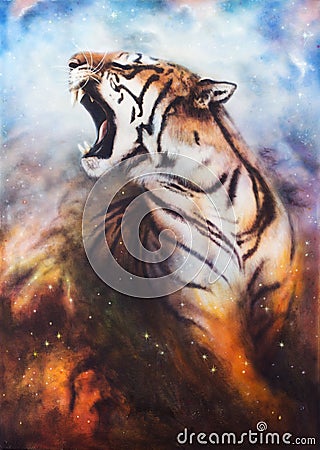 A beautiful airbrush painting of a roaring tiger on a abstract c Stock Photo