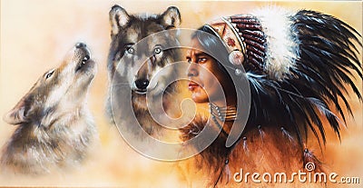 beautiful airbrush painting of an young indian warrior accompani Stock Photo