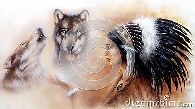 young indian woman wearing a gorgeous feather headdress, with an image of two wolves Stock Photo