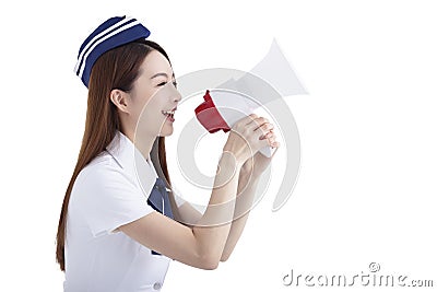 Beautiful Airline stewardess holding the megaphone Stock Photo