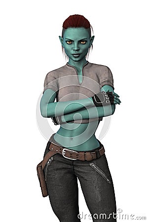 Beautiful alien woman, frowning with arms crossed Cartoon Illustration