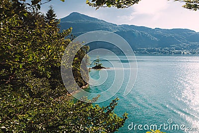 Beautiful alpine landscape with flowers and azure mountain lake in the background, Zillertal Alps, Austria Stock Photo