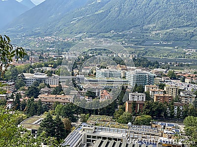 The beautiful Alpine town of Meran / Merano in south Tyrol, Italy as seen from above Stock Photo