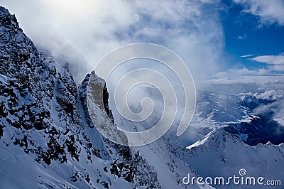 Beautiful Alps view from Kaunertal Glacier with blue skay and white snow. 3000 meters Stock Photo