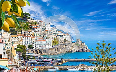 Beautiful Amalfi on hills leading down to coast, Campania, Italy. Amalfi coast is most popular travel and holiday destination Stock Photo