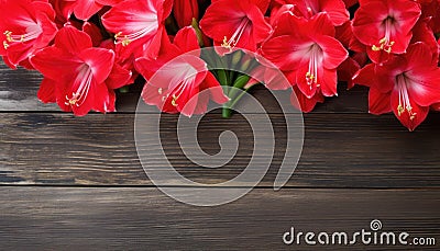 Beautiful Amaryllis flowers on wooden background, top view Stock Photo