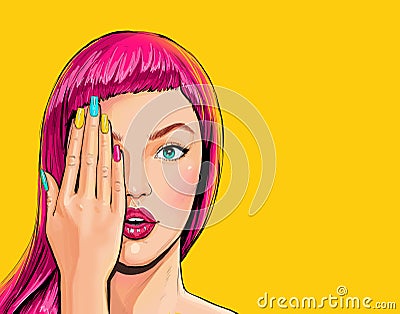 Beautiful amazed young sexy woman touching her face in comic style. Beauty Girl with Colorful Nail polish. Stock Photo