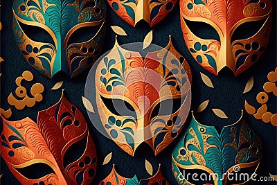 Beautiful and amazing golden carnival masks on black background. Fun time. Generative AI Stock Photo