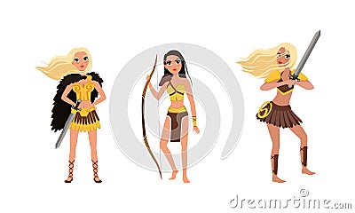 Beautiful Amazon Girls Collection, Female Ancient Warriors Characters Standing with Bow and Sword Cartoon Vector Vector Illustration