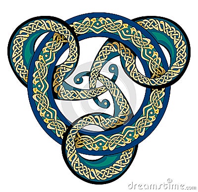 Beautiful ancient triskelion vintage with Celtic knot pattern. Triple trickle Celtic spiral ornament. Old Nordic symbol. Ethnic Vector Illustration