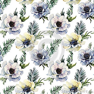 Beautiful anemone flower with green leaves on white background. Seamless floral pattern. Watercolor painting. Hand drawn and Cartoon Illustration