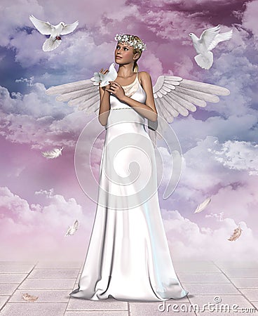 Beautiful Angel Woman and Doves Cartoon Illustration