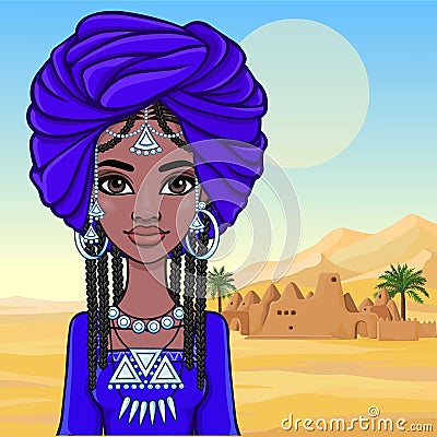 Beautiful animation African princess in ancient clothes and a turban. Vector Illustration