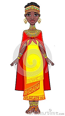 Beautiful animation African princess in ancient clothes and a turban. Vector Illustration