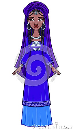 Beautiful animation African princess in ancient clothes and a turban. Vector Illustration