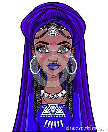 Beautiful animation African princess in ancient clothes and a turban. Vector Illustration