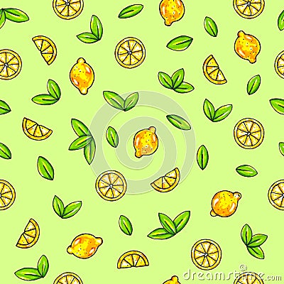 Beautiful animation lemon fruits on green background. Lemon drawing. Seamless pattern Stock Photo