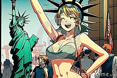 Beautiful anime manga girl in New York City Statue of Liberty illustration generative ai Cartoon Illustration