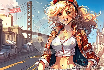 Beautiful anime manga girl in San Francisco California illustration generative ai Cartoon Illustration