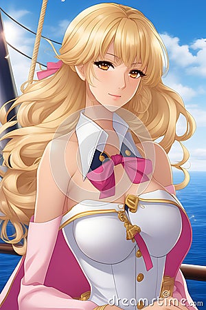 A beautiful anime marine girl, in cute marine uniform, take a selfie pose on a ship, with long blonde wavy hair, fantasy Stock Photo
