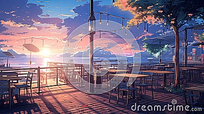 Beautiful anime-style illustration of an outdoor seating area at golden hour Cartoon Illustration