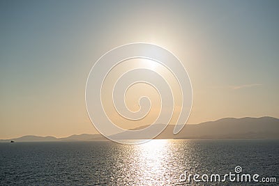 Beautiful anoramic view of Mediterranean sea, sky and sun at silver sunset in Palma de Mallorca Stock Photo