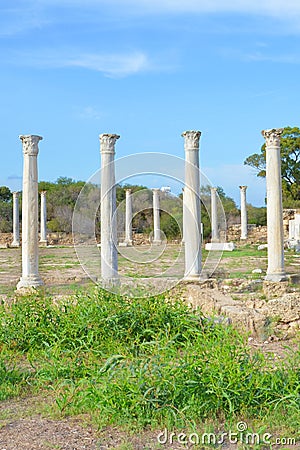 Beautiful Antique pillars with blue sky above. The columns were part of Salamis Gymnasium located near Famagusta in Cyprus Stock Photo