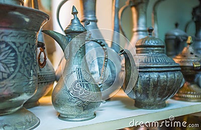 Antique coffee pots in Antalya market, Turkey Stock Photo