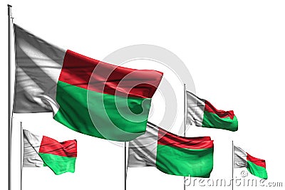 Beautiful any feast flag 3d illustration - five flags of Madagascar are wave isolated on white Cartoon Illustration