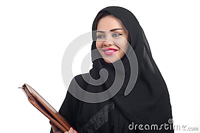 Beautiful Arabian model in hijab holding a folder isolated on whit Stock Photo