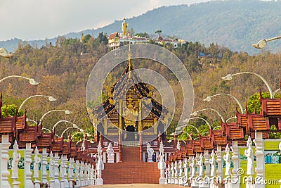 Beautiful architectural of Ho Kham Luang, the royal pavilion in lanna style building at the royal flora international horticulture Editorial Stock Photo