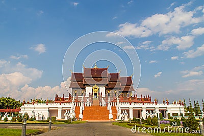Beautiful architectural of Ho Kham Luang, the royal pavilion in lanna style building at the royal flora international horticulture Stock Photo