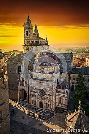 Beautiful architecture of the Basilica of Santa Maria Maggiore in Bergamo at sunset, Italy Editorial Stock Photo