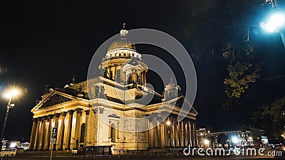Beautiful architecture of Cathedral with dome and lighting in night. Action. Dome of Cathedral is illuminated with Editorial Stock Photo