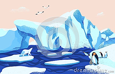 Beautiful Arctic or Antarctic landscape. Gorgeous scenery with large icebergs floating in ocean, polar bear, penguins Vector Illustration