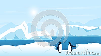 Beautiful Arctic or Antarctic landscape with icebergs and penguins. Cold climate northern icy winter scenic background. Vector Illustration
