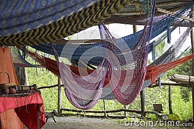 Beautiful area next to a garden with colorful hammocks. Costa Rica Stock Photo