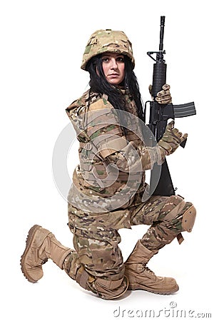 Beautiful army girl with rifle Stock Photo