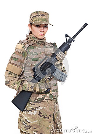 Beautiful army girl with rifle Stock Photo