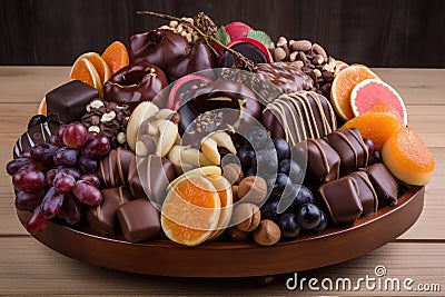 beautiful arrangement of chocolate-covered fruit and nuts, ready to be delivered to friend or loved one Stock Photo