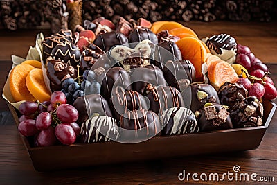 beautiful arrangement of chocolate-covered fruit and nuts, ready to be delivered to friend or loved one Stock Photo