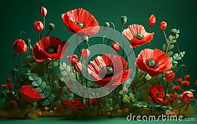 Beautiful arrangement of poppy flowers against green background, Generative AI Stock Photo