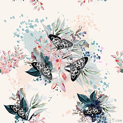 Beautiful artistic pattern with flowers and butterflies in spring peach colors Stock Photo