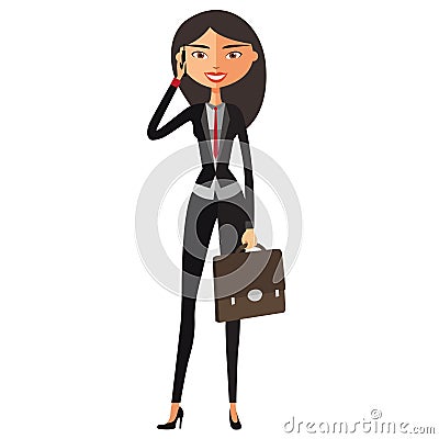 Beautiful asian business woman talking on the cell phone and smiling. Vector flat cartoon illustration. Vector Illustration