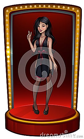 Beautiful Asian girl in black dress on scene Vector Illustration