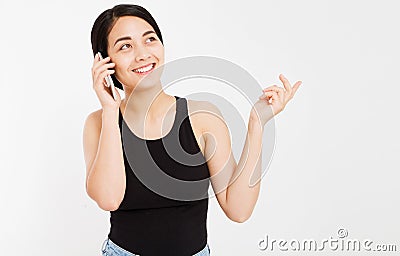 Beautiful asian girl flirts with someone by phone, korean woman talking on mobile phone Stock Photo