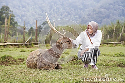 beautiful asian girl playing with deer Stock Photo