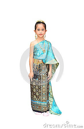 Beautiful asian little child girl wearing traditional thai style dress isolated on white background Stock Photo