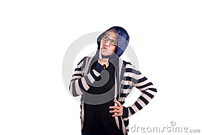 Beautiful Asian muslim woman thinking something, girl with contemplation expression, looking up and smiling Stock Photo