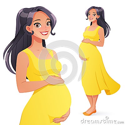 Beautiful Asian smiling pregnant woman. Full length isolated vector illustration. Vector Illustration